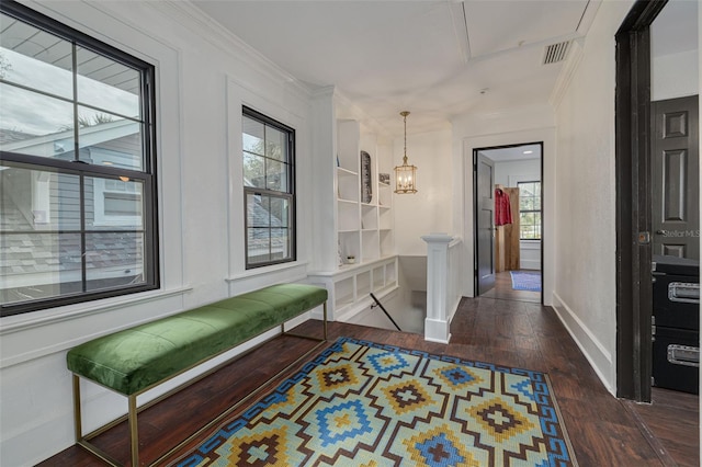 corridor with built in features, dark hardwood / wood-style flooring, and crown molding