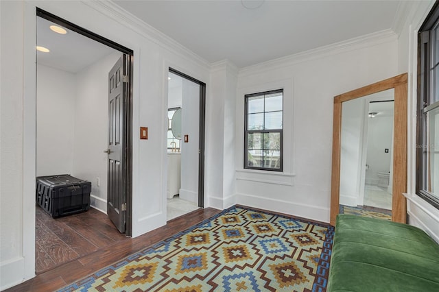 corridor featuring dark wood-type flooring and ornamental molding