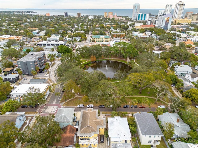 aerial view featuring a water view