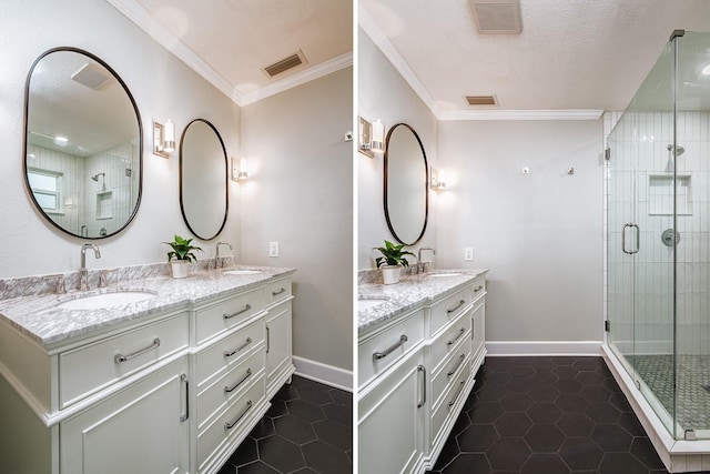 bathroom with tile patterned flooring, vanity, ornamental molding, and an enclosed shower