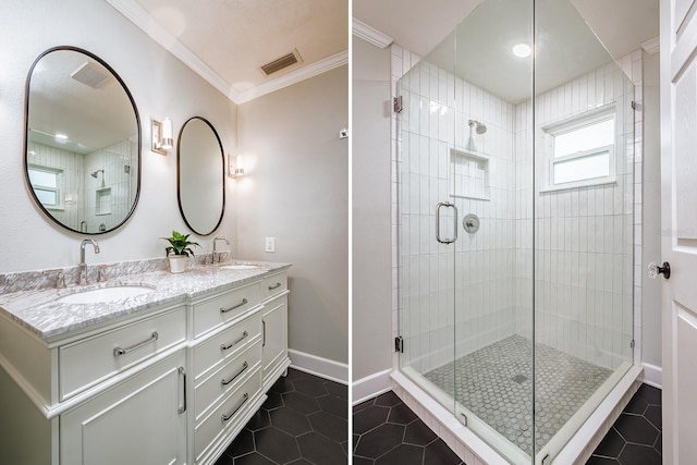 bathroom featuring ornamental molding, tile patterned floors, a shower with shower door, and vanity