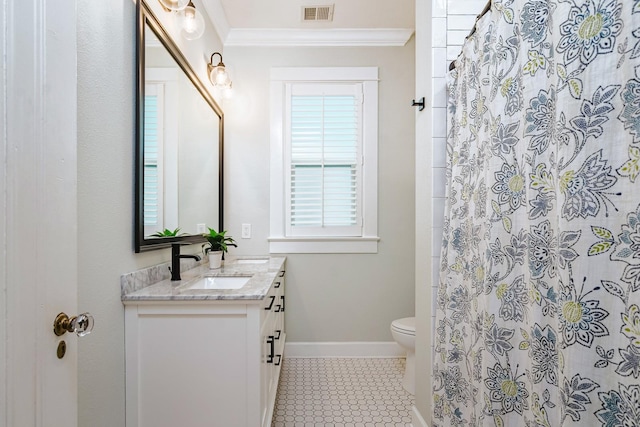 bathroom with crown molding, tile patterned flooring, vanity, curtained shower, and toilet