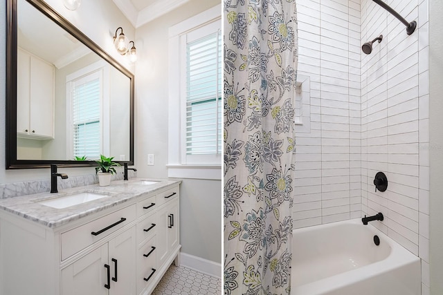 bathroom featuring shower / bath combination with curtain, ornamental molding, tile patterned flooring, and vanity