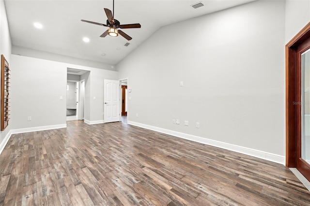 unfurnished bedroom with high vaulted ceiling, dark wood-type flooring, and ceiling fan