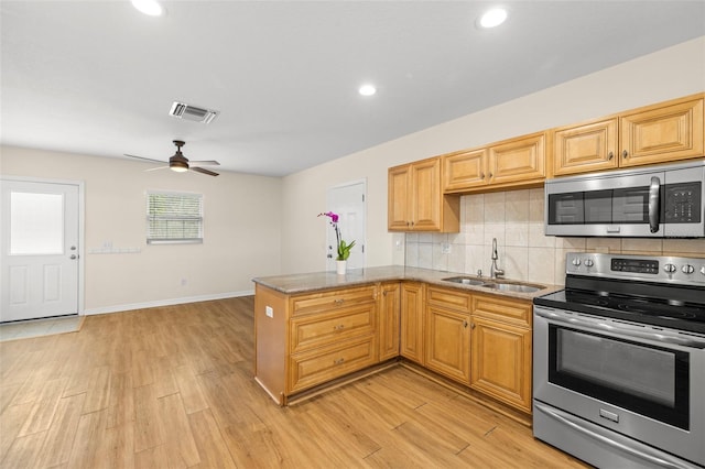 kitchen with sink, tasteful backsplash, kitchen peninsula, stainless steel appliances, and light hardwood / wood-style floors