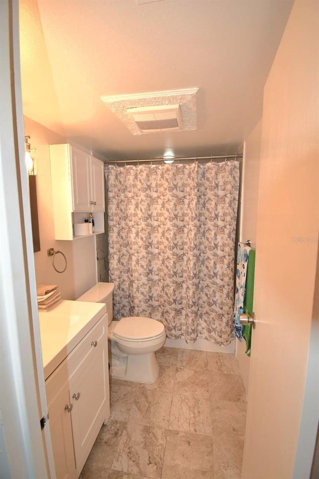 bathroom featuring toilet, a shower with shower curtain, and vanity