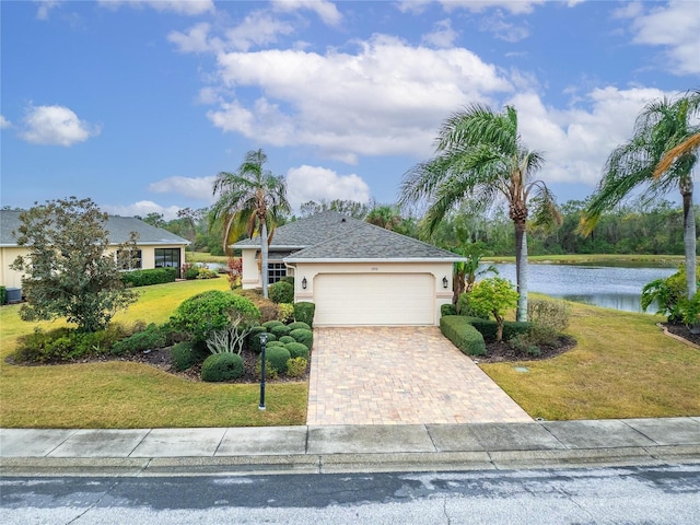 ranch-style house featuring a water view, a garage, a front yard, and cooling unit