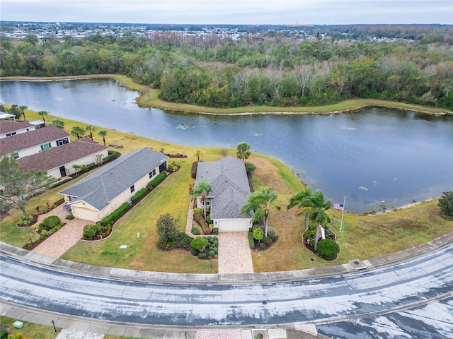 bird's eye view with a water view