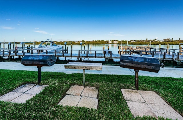 dock area with a water view