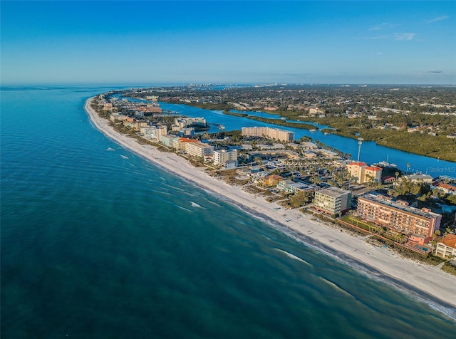 bird's eye view featuring a view of the beach and a water view