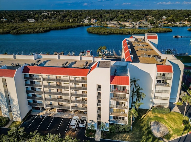 drone / aerial view with a water view