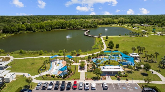 bird's eye view with a water view and a view of trees