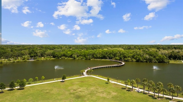 property view of water featuring a forest view