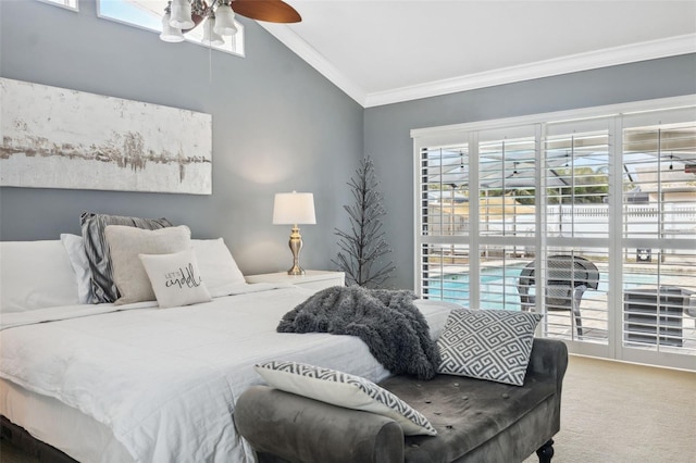 carpeted bedroom with ceiling fan, lofted ceiling, and crown molding