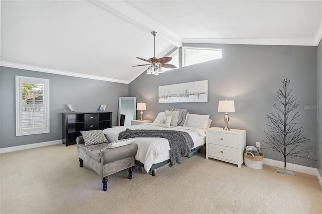 bedroom with ceiling fan, ornamental molding, light colored carpet, and lofted ceiling with beams