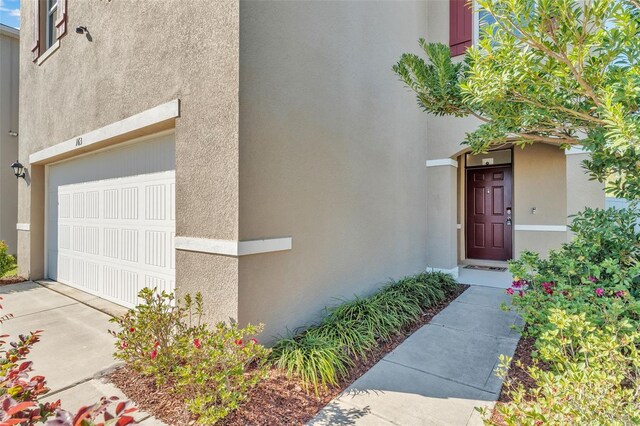 view of exterior entry with stucco siding