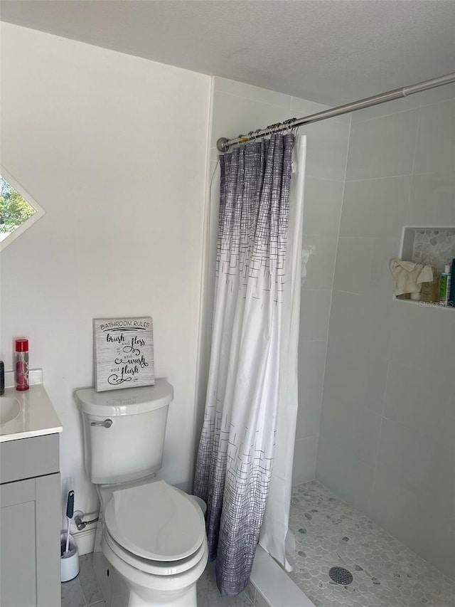 bathroom featuring vanity, toilet, and a shower with shower curtain