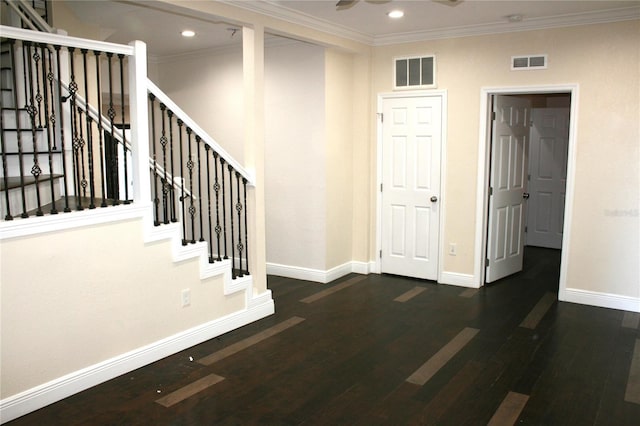 entrance foyer featuring ceiling fan, dark hardwood / wood-style floors, and ornamental molding