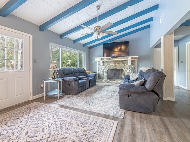 living room featuring a fireplace, hardwood / wood-style floors, wood ceiling, and vaulted ceiling with beams