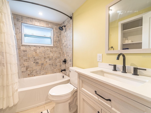 full bathroom with shower / bath combination with curtain, toilet, vanity, and tile patterned flooring