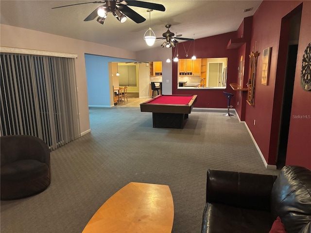 playroom with vaulted ceiling, ceiling fan, pool table, and carpet floors