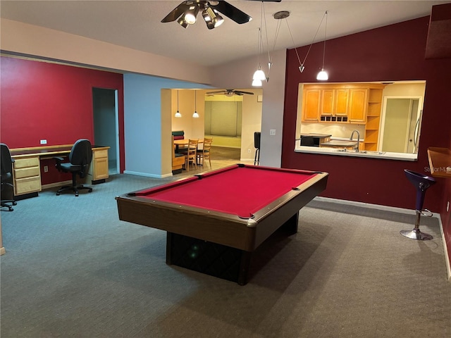 game room featuring carpet, ceiling fan, lofted ceiling, sink, and pool table