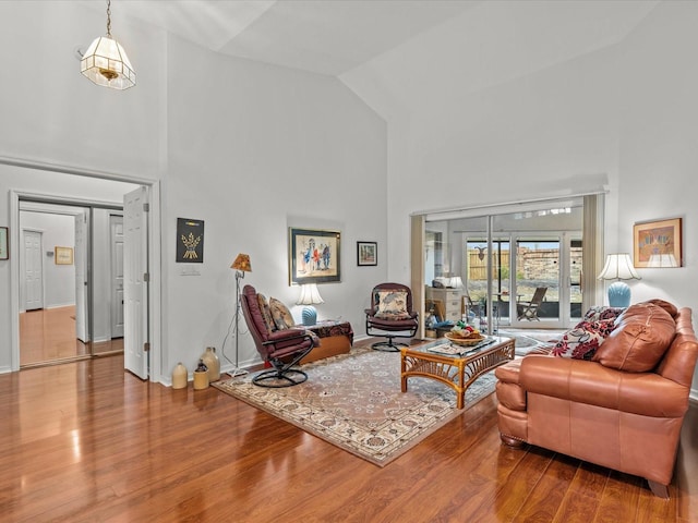 living room with wood-type flooring and high vaulted ceiling