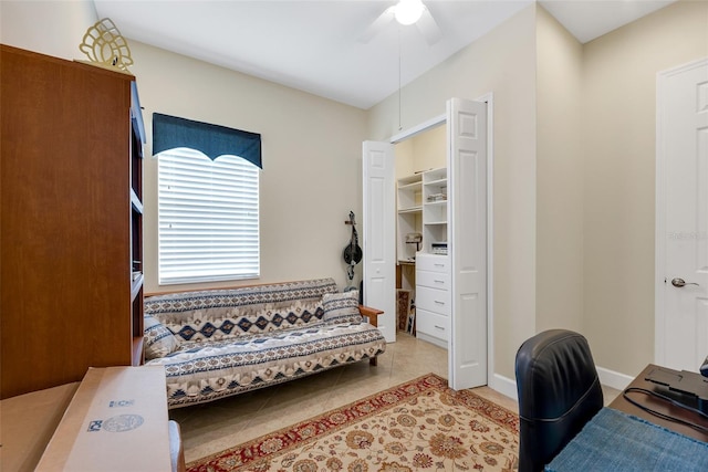 tiled office with ceiling fan