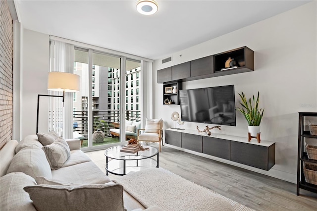 living room featuring expansive windows and light hardwood / wood-style flooring