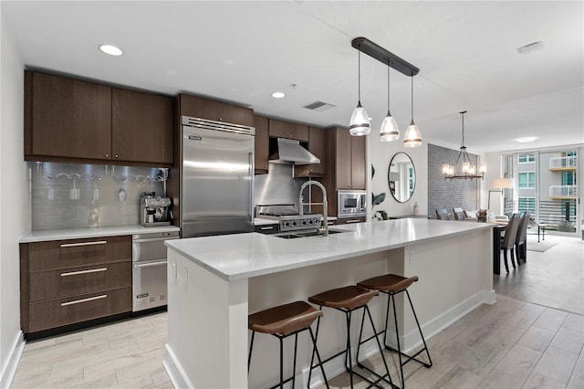 kitchen with an island with sink, tasteful backsplash, dark brown cabinetry, and built in appliances