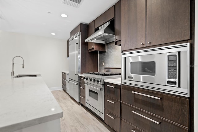 kitchen featuring light wood-type flooring, backsplash, sink, and built in appliances