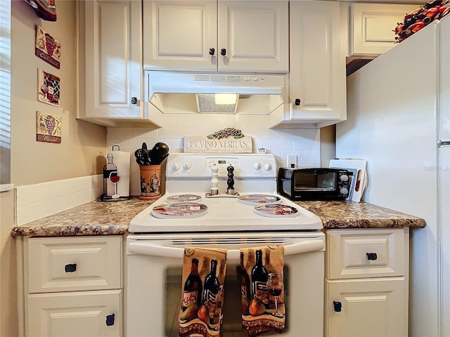 kitchen with white cabinets, backsplash, white appliances, and stone countertops