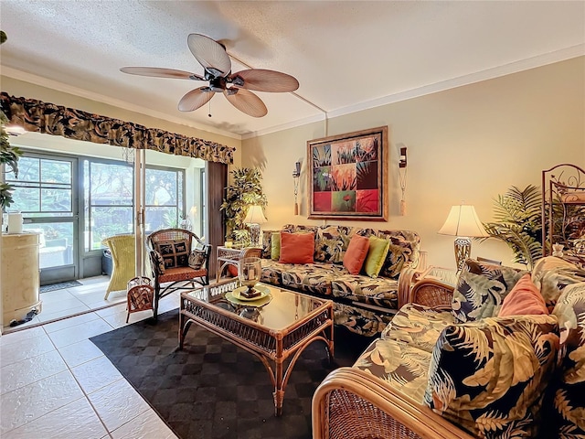 living room with crown molding, a textured ceiling, light tile patterned floors, and ceiling fan