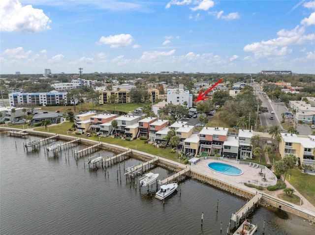 drone / aerial view with a water view