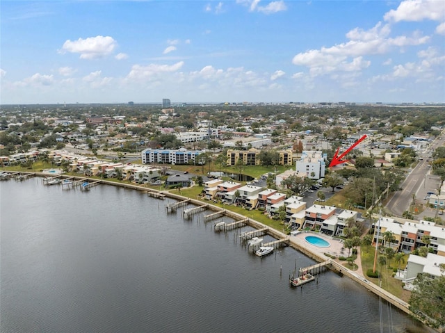 drone / aerial view featuring a water view