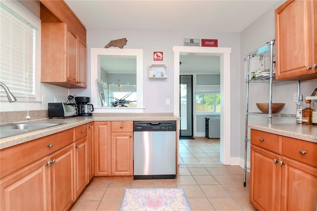 kitchen featuring sink, stainless steel dishwasher, and light tile patterned floors