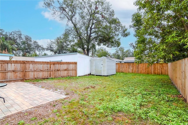 view of yard with a storage unit and a patio