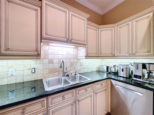 kitchen featuring cream cabinetry, tasteful backsplash, dishwasher, ornamental molding, and sink