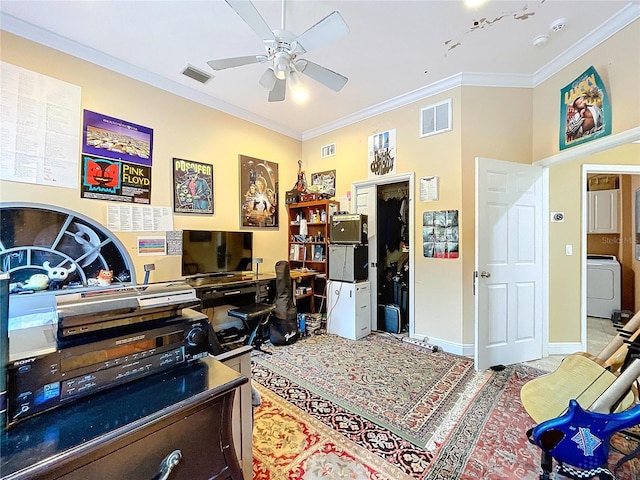 home office with ceiling fan, washer / clothes dryer, and ornamental molding