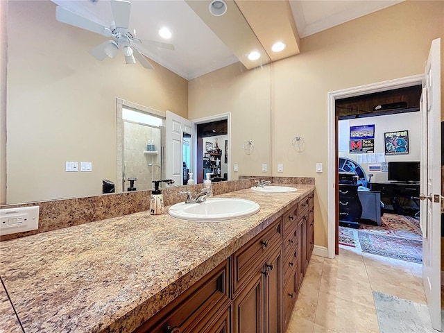 bathroom featuring a shower with door, ceiling fan, tile patterned flooring, ornamental molding, and vanity