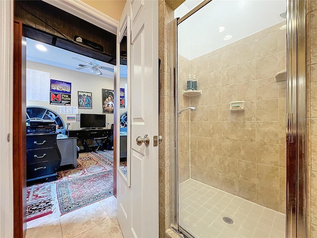 bathroom featuring walk in shower, tile patterned flooring, and ceiling fan