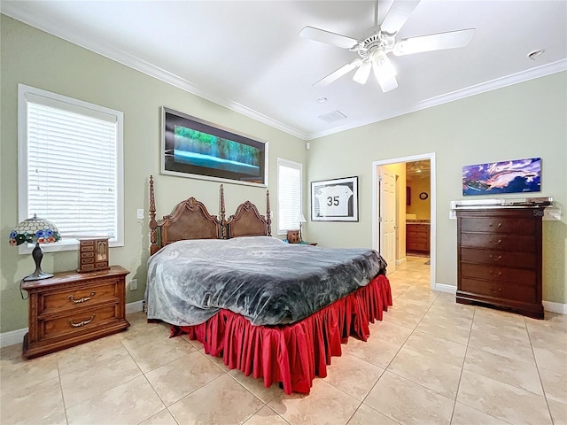 bedroom featuring connected bathroom, ceiling fan, light tile patterned floors, and ornamental molding