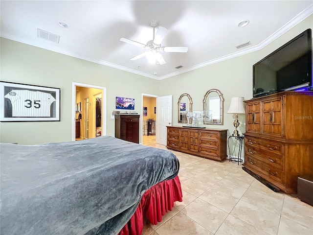 bedroom with ceiling fan, light tile patterned floors, and ornamental molding