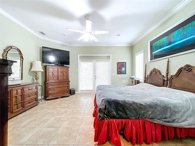 tiled bedroom featuring ceiling fan, crown molding, and multiple windows