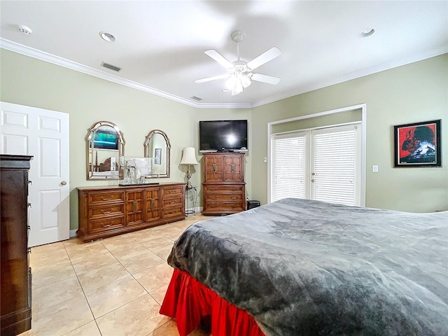 tiled bedroom featuring ceiling fan and crown molding