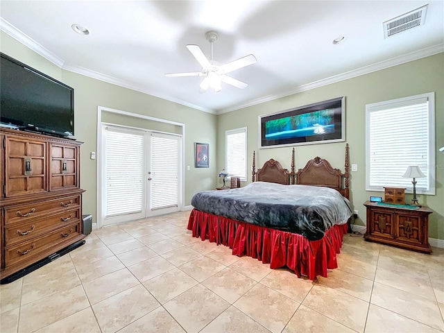 bedroom featuring ceiling fan, light tile patterned flooring, and ornamental molding