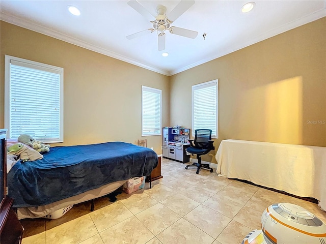 bedroom featuring ceiling fan, ornamental molding, and light tile patterned flooring