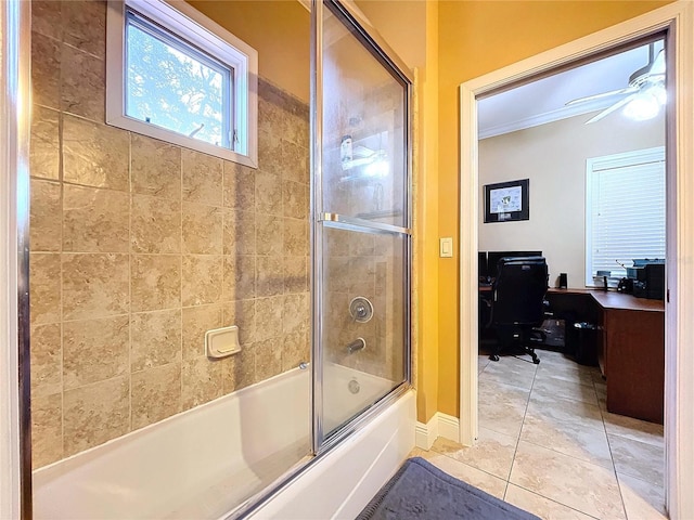 bathroom with combined bath / shower with glass door, tile patterned flooring, and ceiling fan