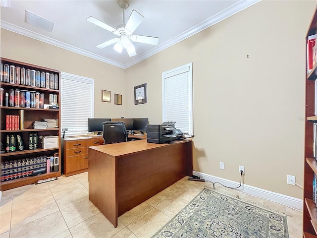 office featuring ceiling fan, light tile patterned flooring, and crown molding