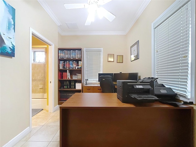 home office with ceiling fan, ornamental molding, and light tile patterned flooring